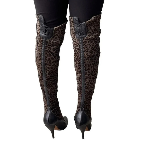 PACO GIL Thigh High Leopard Boots Leather Contrast Pointed Toe Heel Women’s 8B - Picture 4 of 6